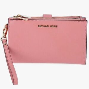 Michael Kors Jet Set Travel Double Zip phone Wristlet pink soffiano leather